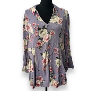 Torrid Size 2 Purple Floral Slub Button Fit & Flare Bell Sleeve Tunic Top Blouse